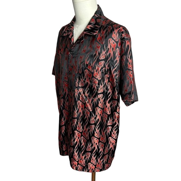 Vintage Y2K Button Up Embroidered Club Shirt L Black Red Flames Skulls Camp - Picture 3 of 6